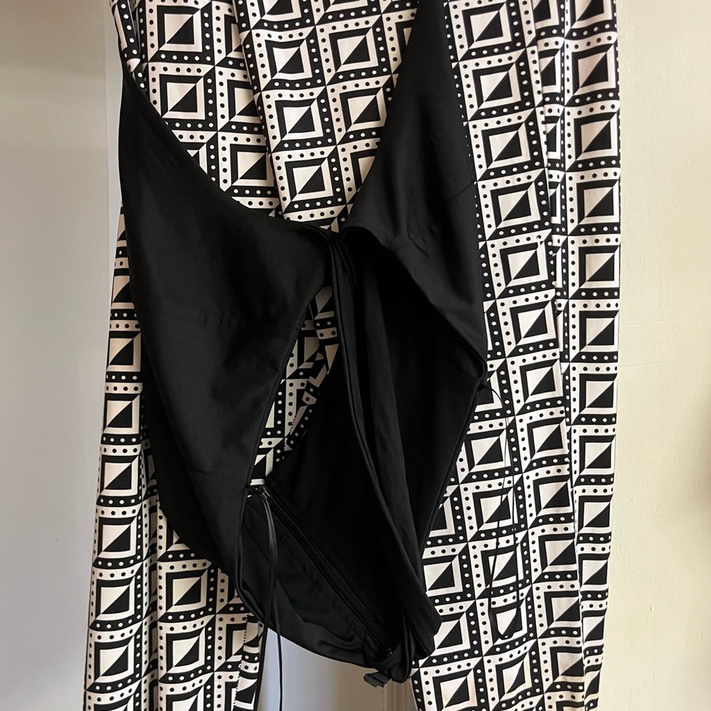 Black and White Geometric Print Pants with an attached black top.